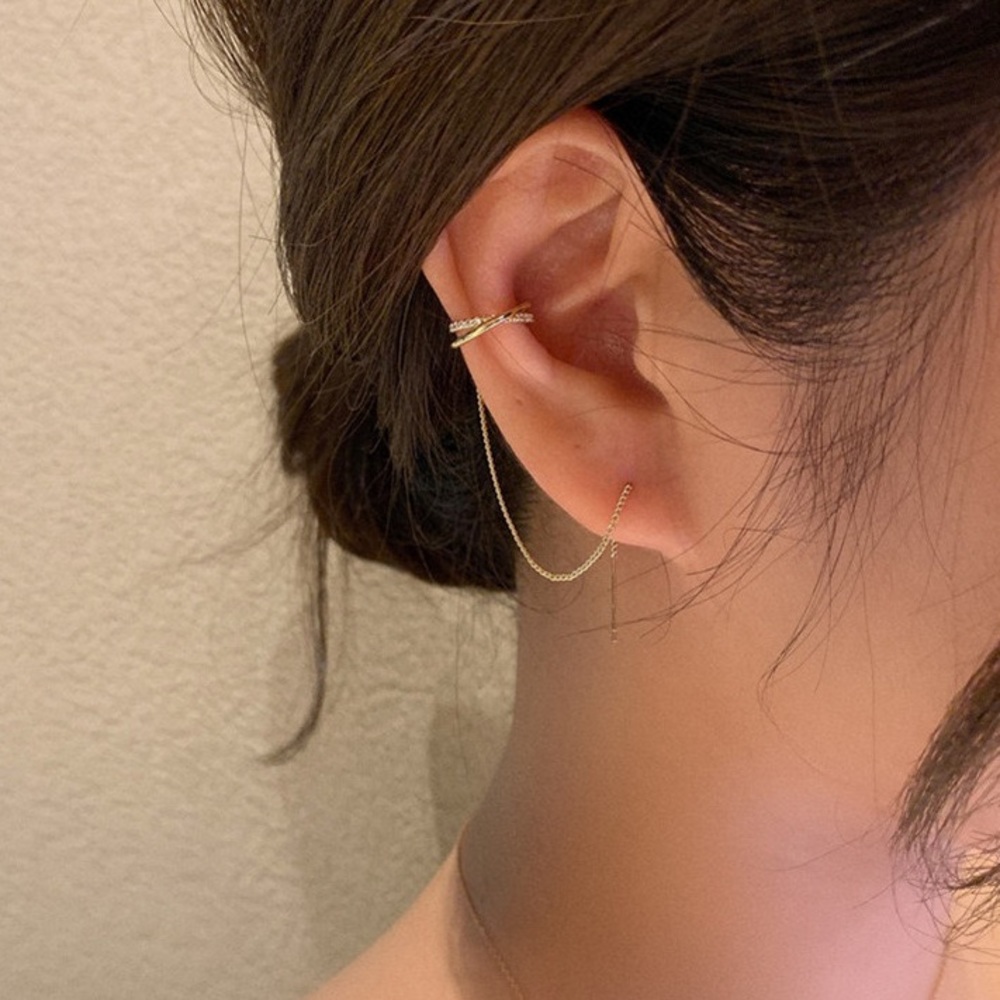 CLOSING SALE! Gold Pave Cross threader Earring - Picture 2 of 4